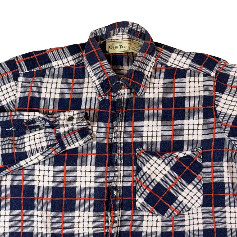 VTG Open Trails Flannel Shirt Mens M Blue Plaid Cotton Gorpcore Cabin Grunge Top